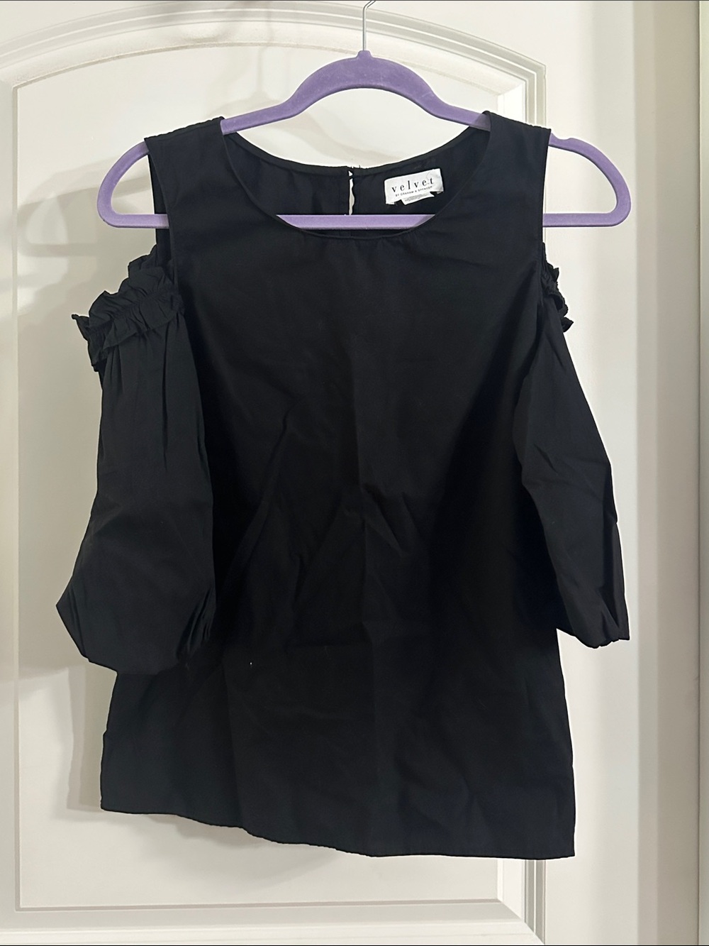 NEW Anthropologie x Velvet Black Cold-Shoulder Blouse with Ruched Sleeves Size M